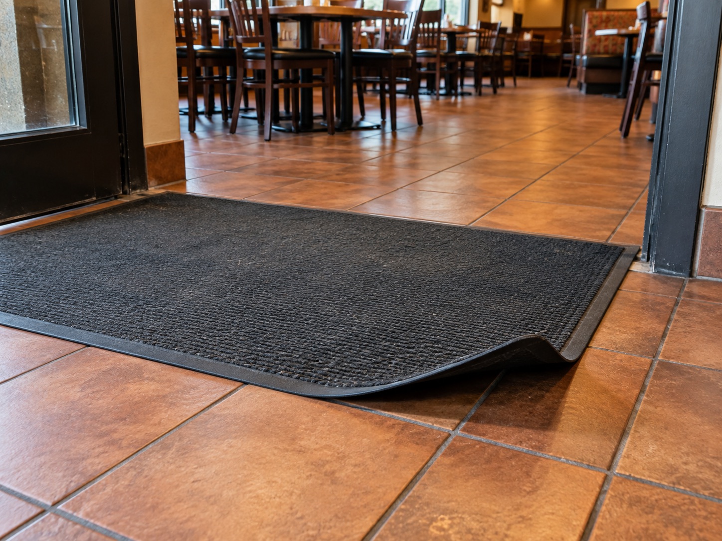 Illustrative generated photograph: curled entrance-mat edge. Not a real incident photograph.